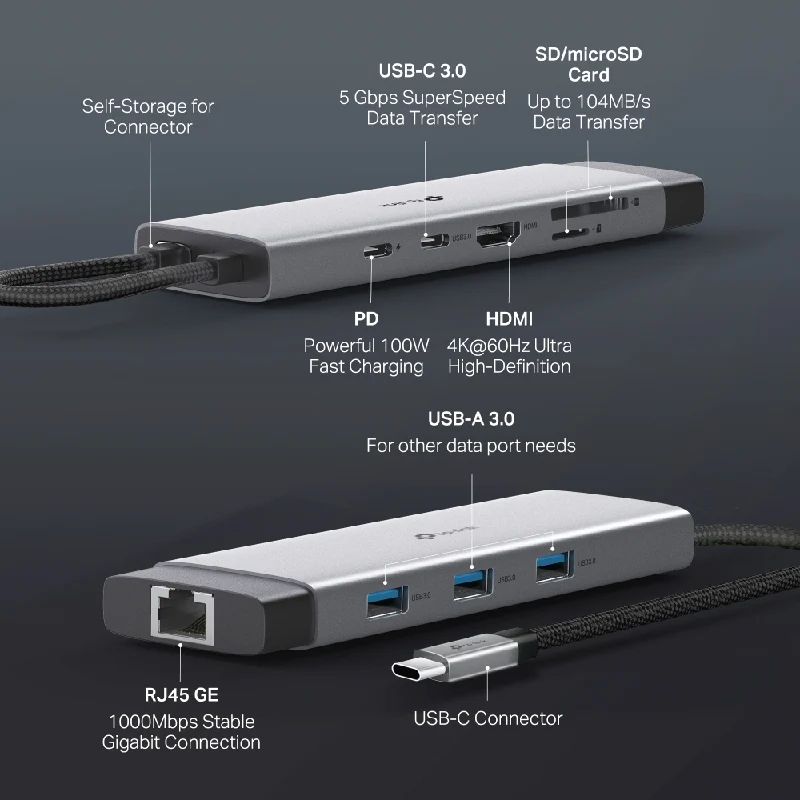 موزع USB-C تي بي لينك (UH9120C) ‏9 في 1 - HDMI / USB-C / USB 3.0 / Micro SD / SD / RJ45