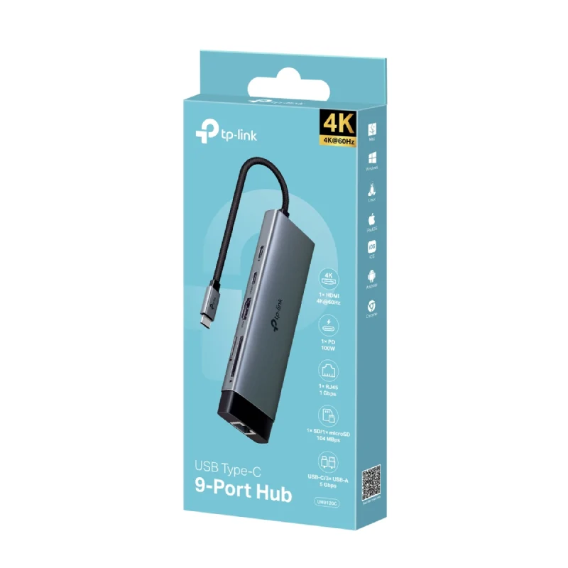 موزع USB-C تي بي لينك (UH9120C) ‏9 في 1 - HDMI / USB-C / USB 3.0 / Micro SD / SD / RJ45