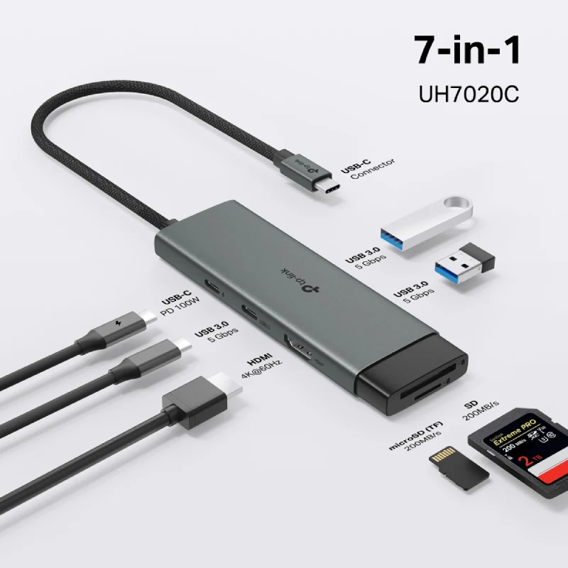 موزع تي بي لينك (UH7020C) ‏USB تايب سي 7 في 1 - HDMI / USB-C / USB 3.0 / Micro SD / SD