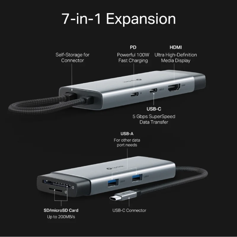 موزع تي بي لينك (UH7020C) ‏USB تايب سي 7 في 1 - HDMI / USB-C / USB 3.0 / Micro SD / SD