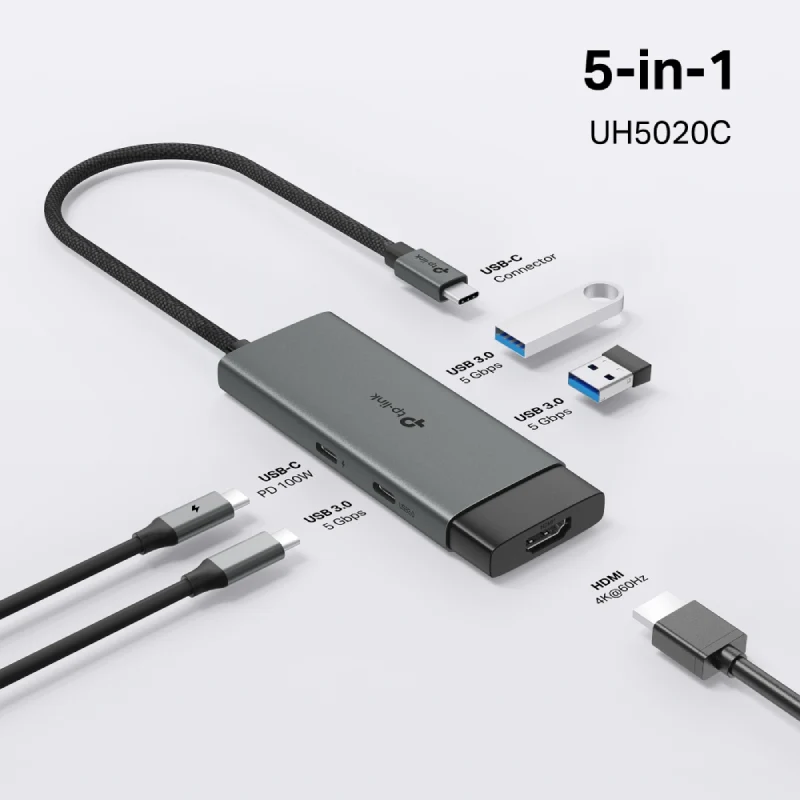 هب تي بي-لينك UH5020C يو إس بي-C 5 في 1، HDMI / PD / يو إس بي-C / يو إس بي-A