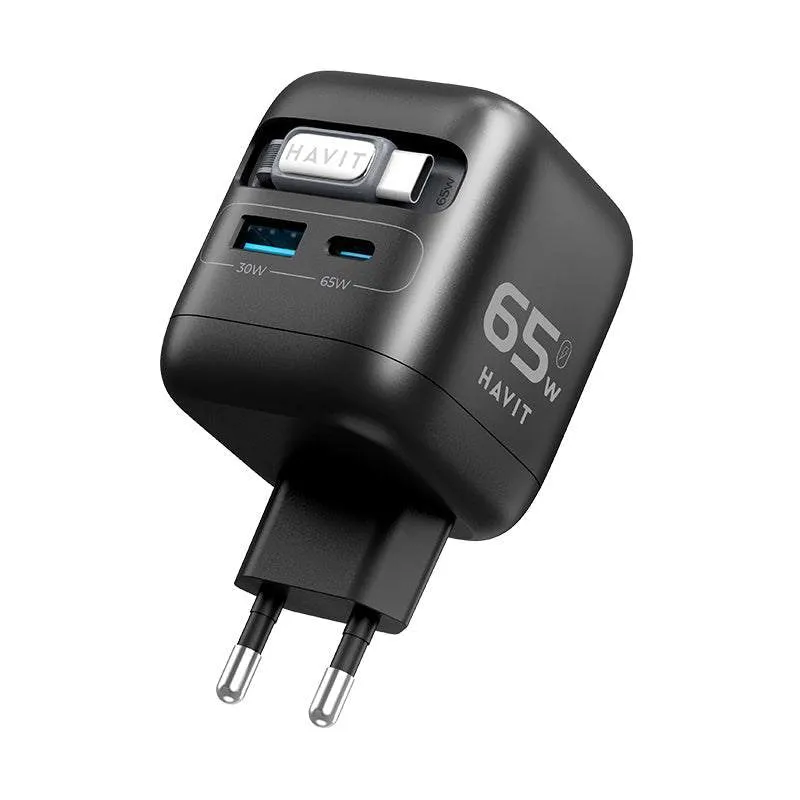 شاحن حائط هافيت UC252 A-UK بكابل مدمج - ‏65 واط / USB-C / USB-A / أسود