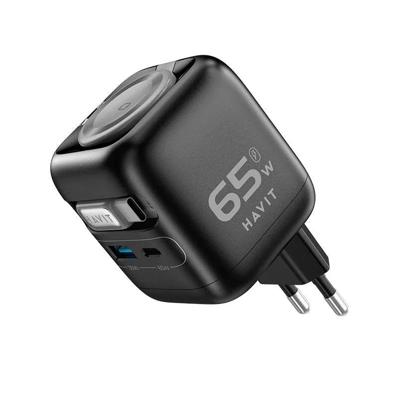 شاحن حائط هافيت UC252 A-UK بكابل مدمج - ‏65 واط / USB-C / USB-A / أسود