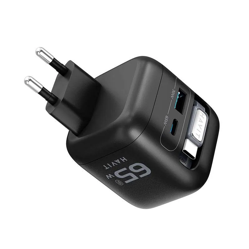 شاحن حائط هافيت UC252 A-UK بكابل مدمج - ‏65 واط / USB-C / USB-A / أسود