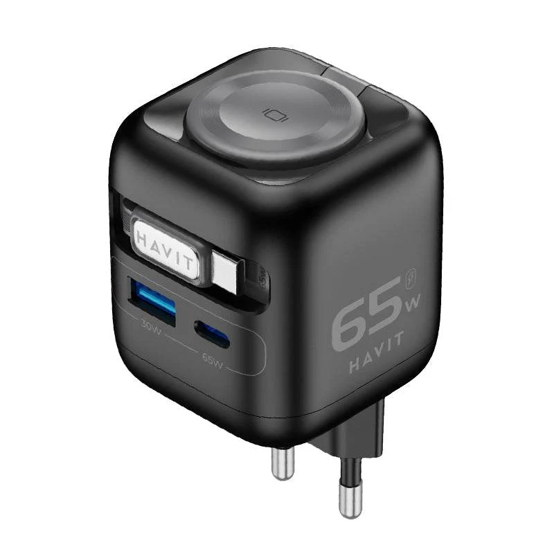 شاحن حائط هافيت UC252 A-UK بكابل مدمج - ‏65 واط / USB-C / USB-A / أسود
