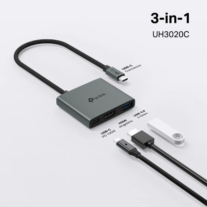 موزع تي بي-لينك UH3020C يو إس بي-C، 3 في 1، HDMI، PD بقدرة 100 واط، يو إس بي-A