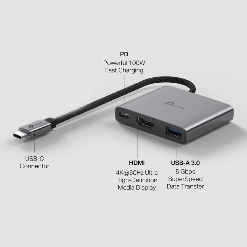 موزع تي بي-لينك UH3020C يو إس بي-C، 3 في 1، HDMI، PD بقدرة 100 واط، يو إس بي-A