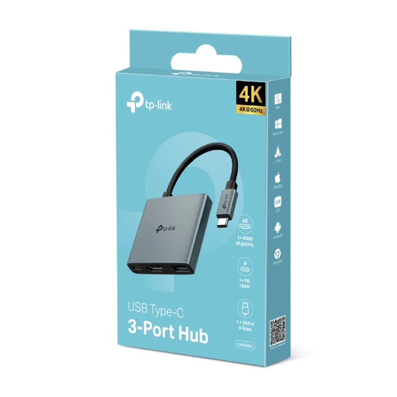 موزع تي بي-لينك UH3020C يو إس بي-C، 3 في 1، HDMI، PD بقدرة 100 واط، يو إس بي-A