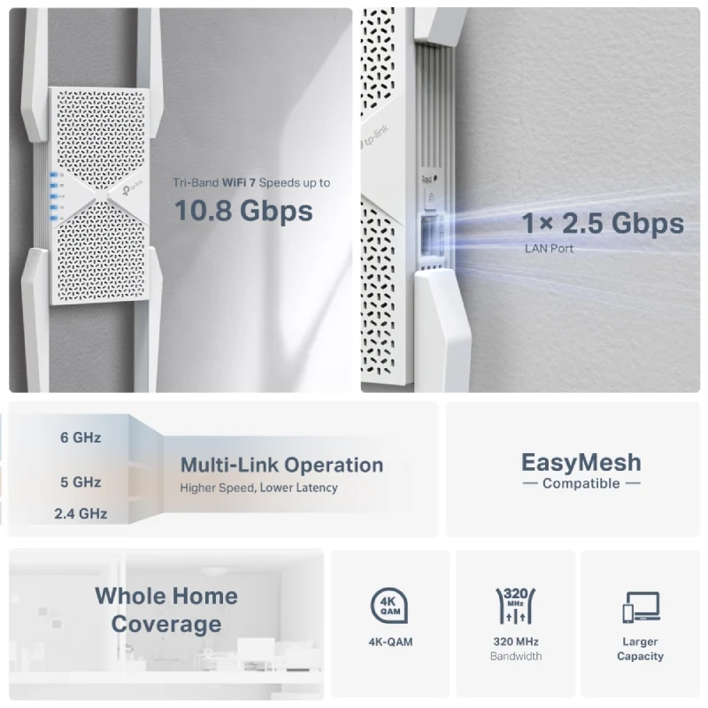 TP-Link BE11000 Tri-Band Wi-Fi 7 Range Extender - 23.5W / 1 x RJ-45