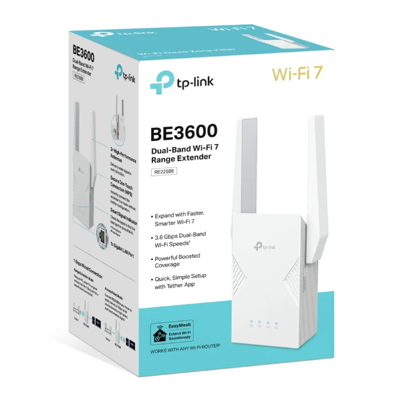موسع نطاق تي بي-لينك RE225BE BE3600، ثنائي النطاق، واي فاي 7، بتردد 5 جيجاهرتز و2.4 جيجاهرتز، منفذ إيثرنت واحد