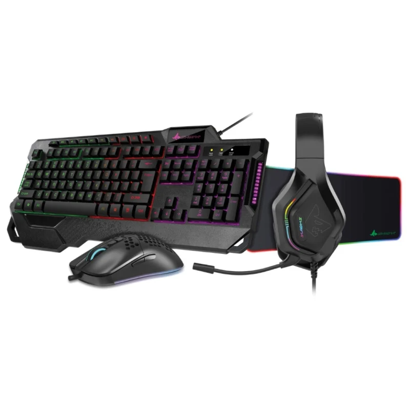 عرض باقة ألعاب شاركس جوز 4 في 1 - لوحة مفاتيح وماوس بدقة DPI قابلة للتعديل وسماعة رأس RGB ولوحة ماوس / أسود