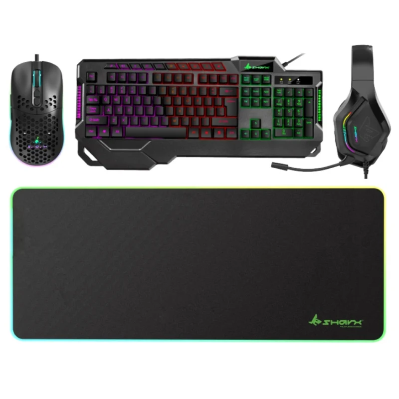 عرض باقة ألعاب شاركس جوز 4 في 1 - لوحة مفاتيح وماوس بدقة DPI قابلة للتعديل وسماعة رأس RGB ولوحة ماوس / أسود