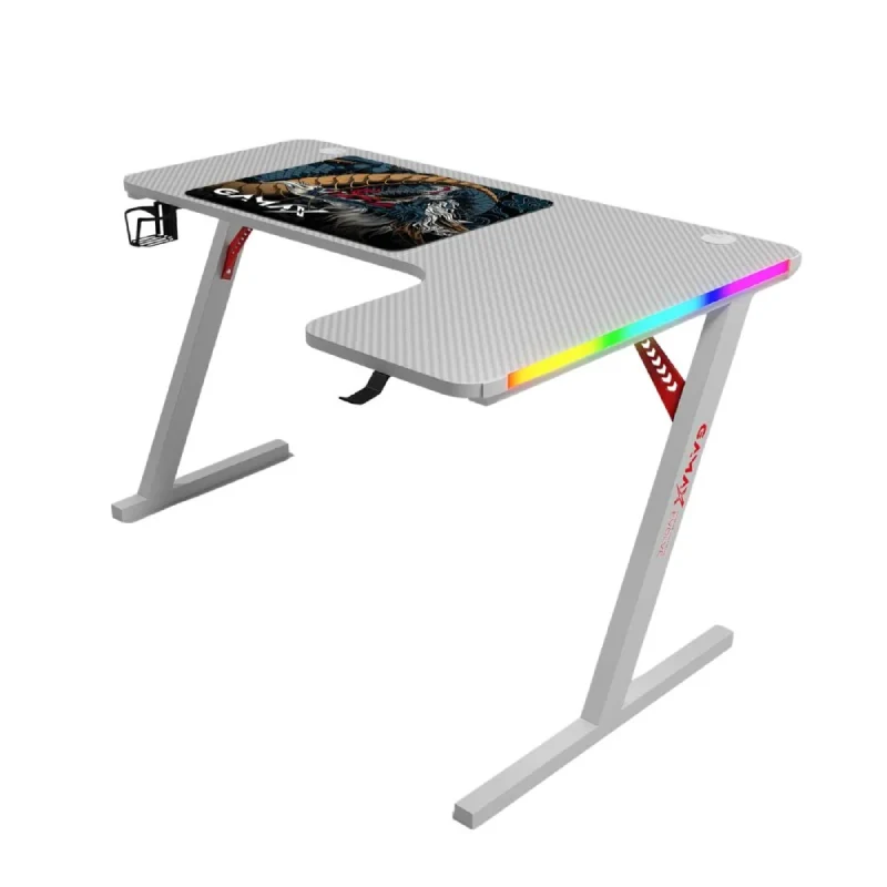 طاولة ألعاب جاماكس P202-RW من ألياف الكربون، RGB، مع وسادة ماوس، على شكل حرف L باتجاه يمين، باللون الأبيض