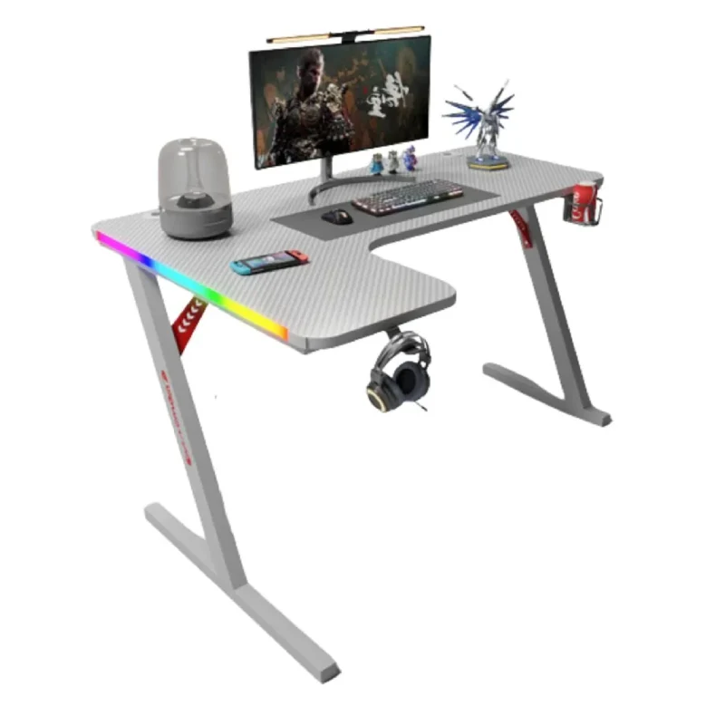 طاولة ألعاب جاماكس P202-RW من ألياف الكربون، RGB، مع وسادة ماوس، على شكل حرف L باتجاه يمين، باللون الأبيض