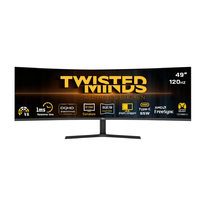 Twisted Minds Eclipse Pro Series - 49” WQHD / 1ms / 120Hz / Display Port / HDMI / USB-C / USB-A / Audio Out - Gaming Monitor