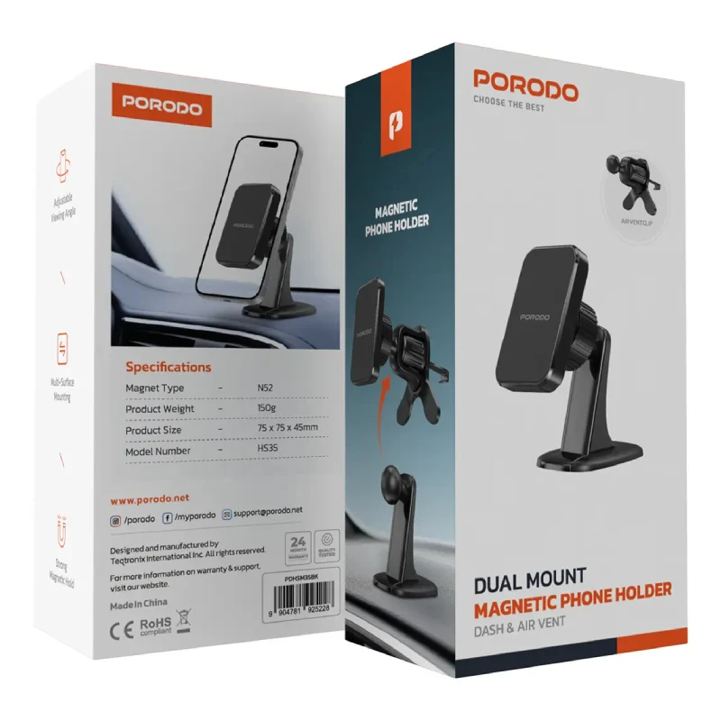 Porodo Dual Mount Magnetic Phone Holder - Black