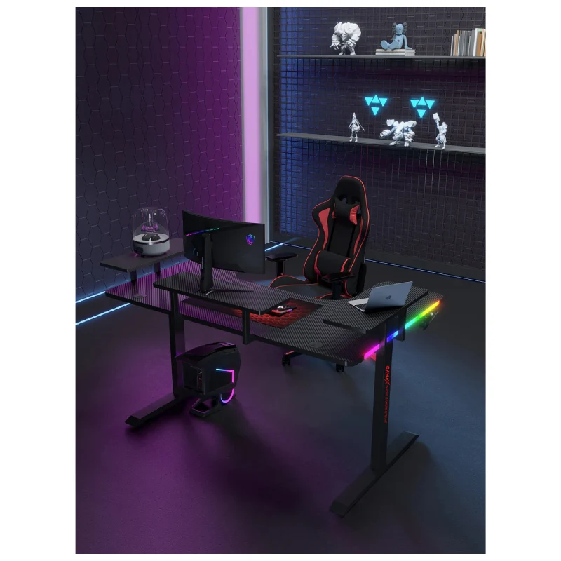 Gamax P203 RGB Carbon Fiber Gaming Workstation Desk with Multi-Level Shelves & Mousepad - Black