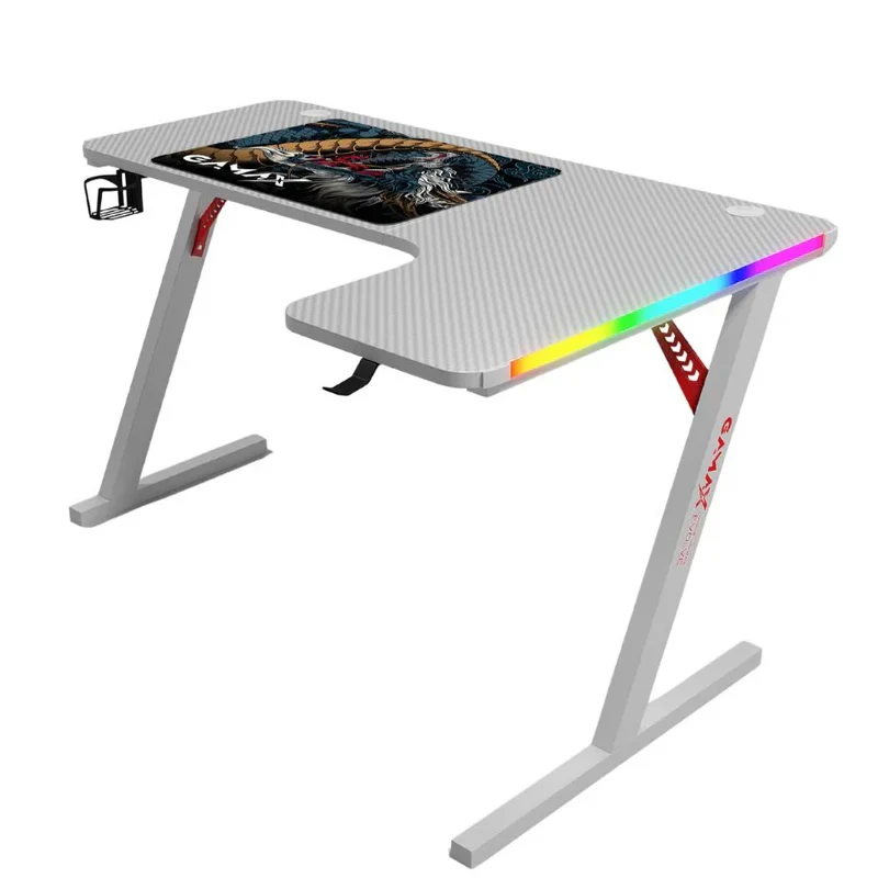 طاولة ألعاب جاماكس P201-RW من ألياف الكربون، RGB، على شكل حرف L، مع وسادة ماوس، اتجاه يمين، باللون الأبيض
