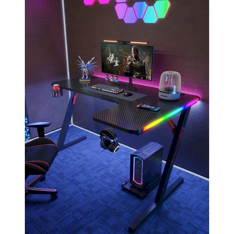 طاولة ألعاب جاماكس P201-RB RGB من ألياف الكربون (بشكل L) مع وسادة ماوس - يمين / أسود