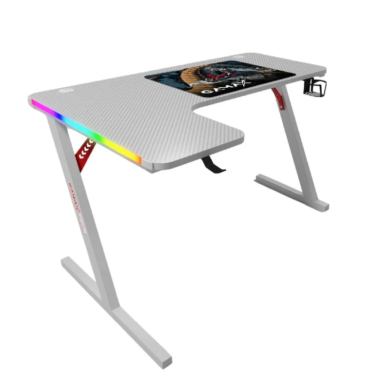 طاولة ألعاب جاماكس P201-LW من ألياف الكربون، RGB، على شكل حرف L، مع وسادة ماوس، اتجاه يسار، باللون الأبيض