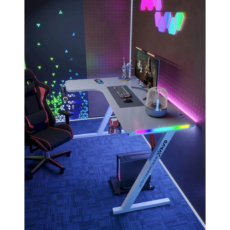 طاولة ألعاب جاماكس P201-LW من ألياف الكربون، RGB، على شكل حرف L، مع وسادة ماوس، اتجاه يسار، باللون الأبيض