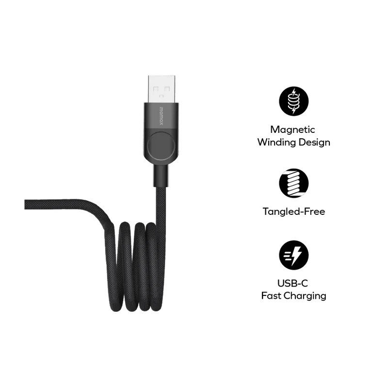 كابل مغناطيسي موماكس ماج لينك - 66 واط / USB-A / USB-C / طول 1 متر / أسود