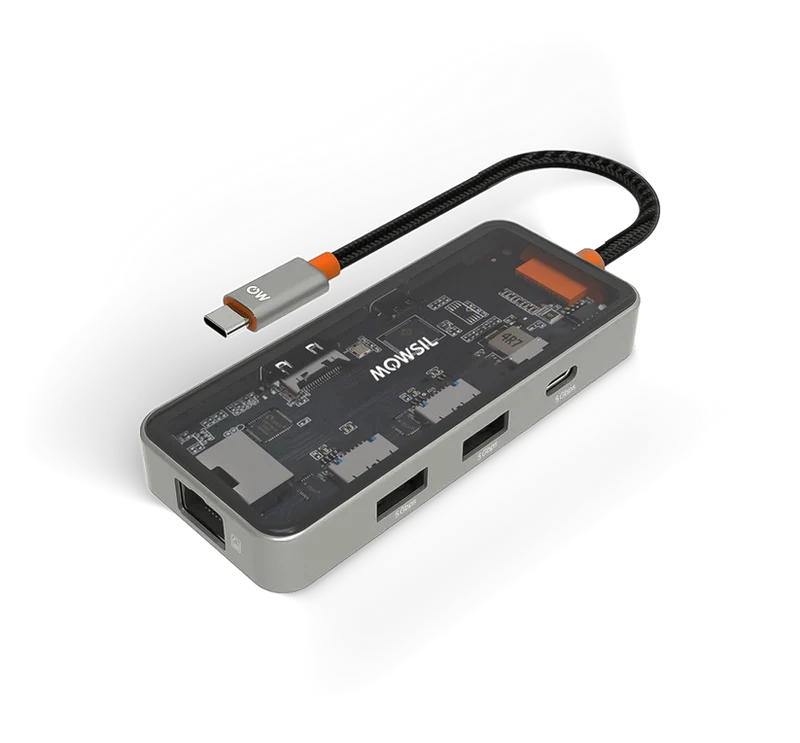 Mowsil 6-in-1 USB-C Hub Docking Station - 4K HDMI / 100W USB-C PD / RJ45 / 2×USB 3.0 / Transparent