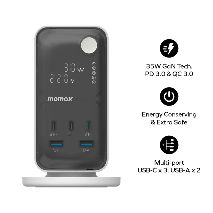 برج طاقة مومكس فلو بـ6 مقابس وتقنية GaN - 35 واط / USB-C / USB-A / أبيض