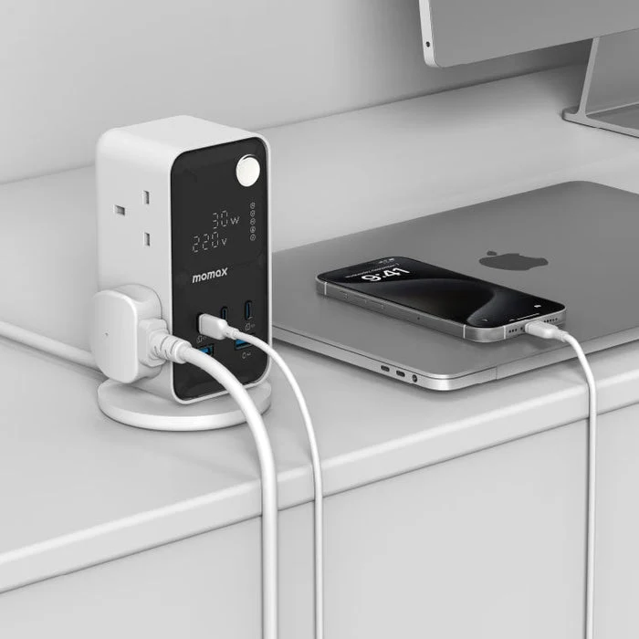 برج طاقة مومكس فلو بـ6 مقابس وتقنية GaN - 35 واط / USB-C / USB-A / أبيض