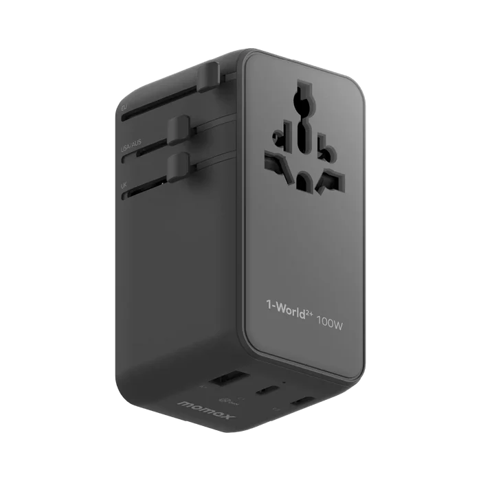 شاحن سفر عالمي صغير موماكس GaN بأربعة منافذ مع كابل مدمج ومخرجي AC - 100 واط / USB-A / USB-C / أسود
