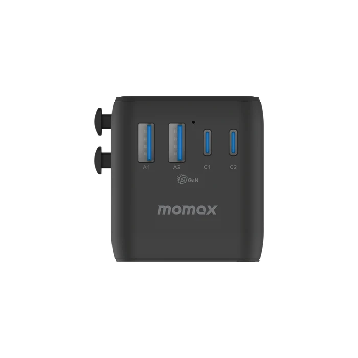 شاحن سفر عالمي موماكس GaN بأربعة منافذ مع مخرجي AC - 100 واط / USB-A / USB-C / أسود