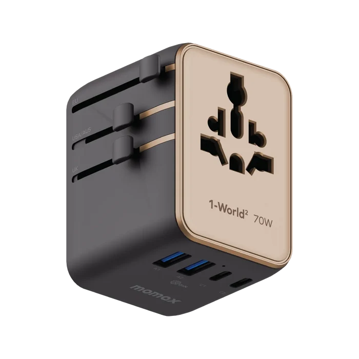 شاحن سفر عالمي صغير موماكس GaN بخمسة منافذ مع مخرجي AC - 70 واط / USB-A / USB-C / حجر رملي