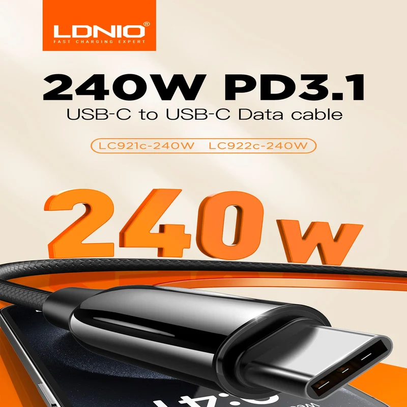 كابل شحن سريع LDNIO LC921C - ‏240 واط / متر واحد / رمادي