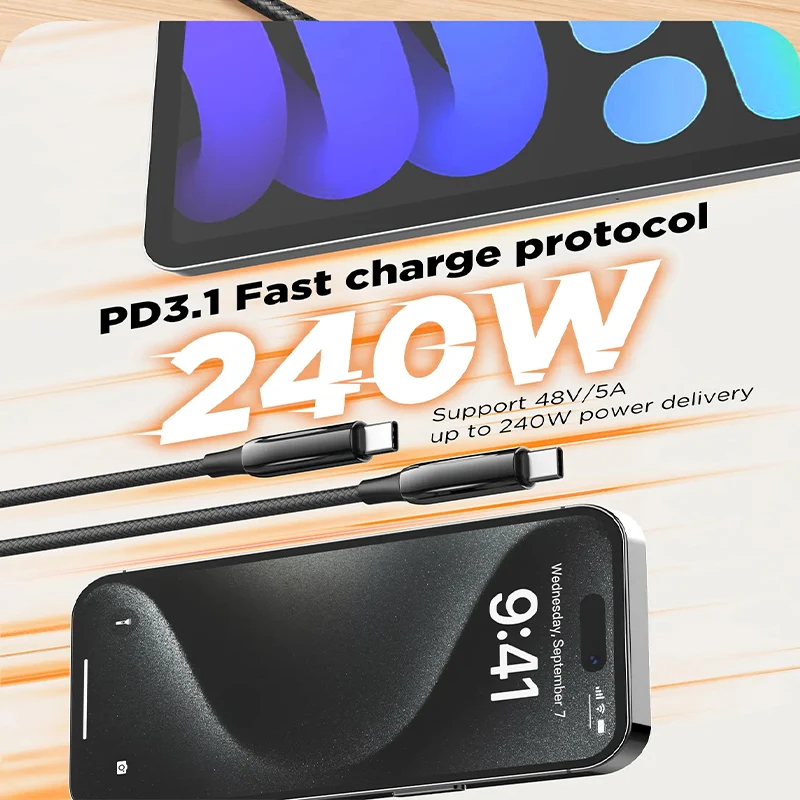 كابل شحن سريع LDNIO LC921C - ‏240 واط / متر واحد / رمادي