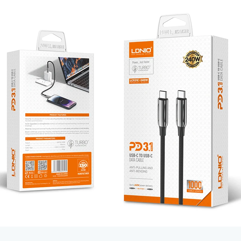 كابل شحن سريع LDNIO LC921C - ‏240 واط / متر واحد / رمادي