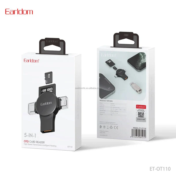 Earldom OT110 5-n-1 Card Reader - SD Card / Micro SD / Type-C / Lighting / USB-A/ Black