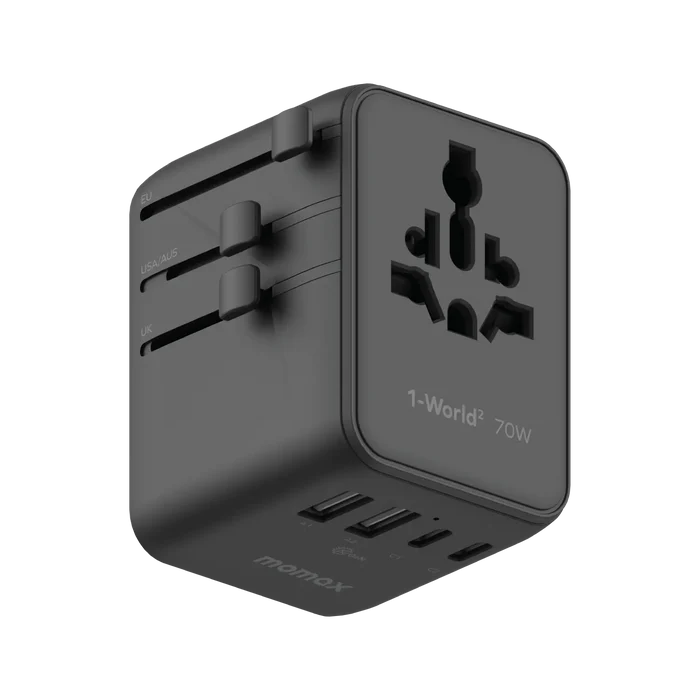 شاحن سفر عالمي صغير موماكس GaN بخمسة منافذ مع مخرجي AC - 70 واط / USB-A / USB-C / أسود