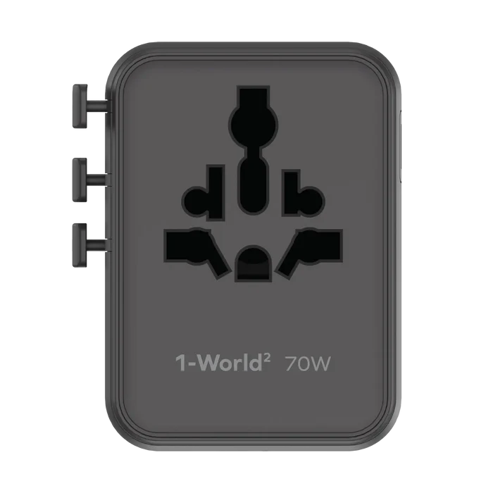 شاحن سفر عالمي صغير موماكس GaN بخمسة منافذ مع مخرجي AC - 70 واط / USB-A / USB-C / أسود