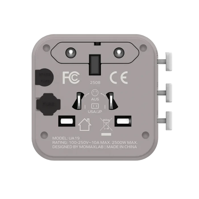 MOMAX Universal Travel Charger with Dual AC - USB-A / USB-C / Grey