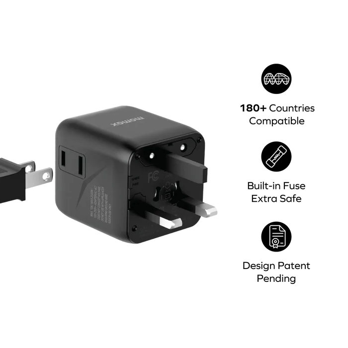 MOMAX Universal Travel Charger with Dual AC - USB-A / USB-C / Black