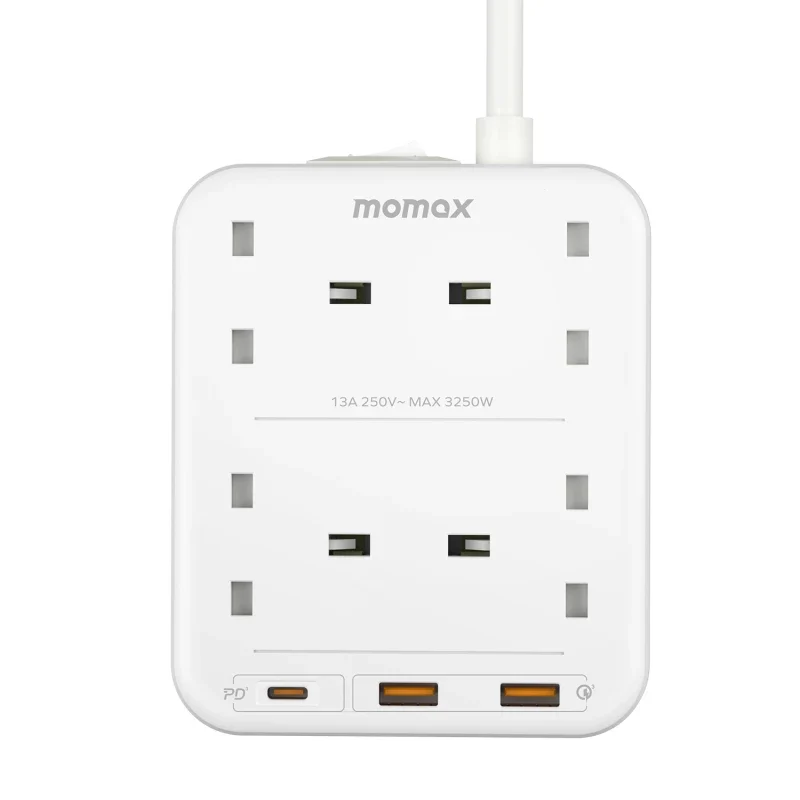 مشترك كهربائي موماكس وان بلج بأربعة مخارج - USB-A / USB-C / 2 متر / أبيض