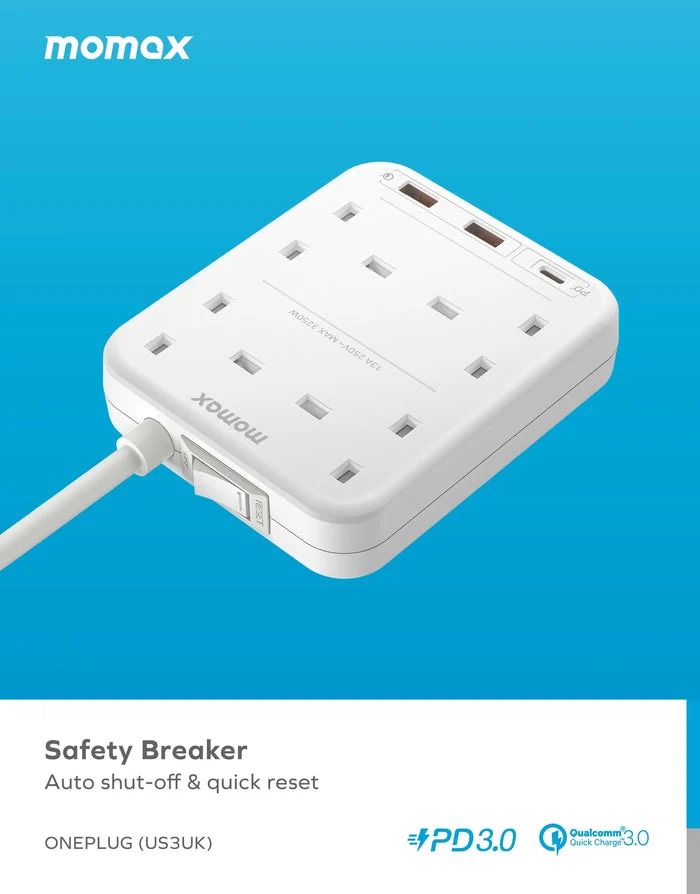 مشترك كهربائي موماكس وان بلج بأربعة مخارج - USB-A / USB-C / 2 متر / أبيض