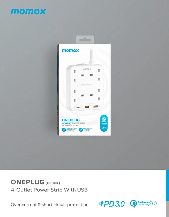 مشترك كهربائي موماكس وان بلج بأربعة مخارج - USB-A / USB-C / 2 متر / أبيض