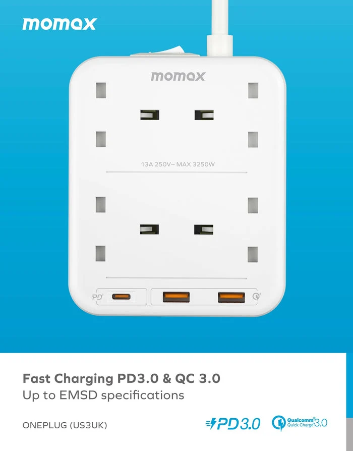 مشترك كهربائي موماكس وان بلج بأربعة مخارج - USB-A / USB-C / 2 متر / أبيض