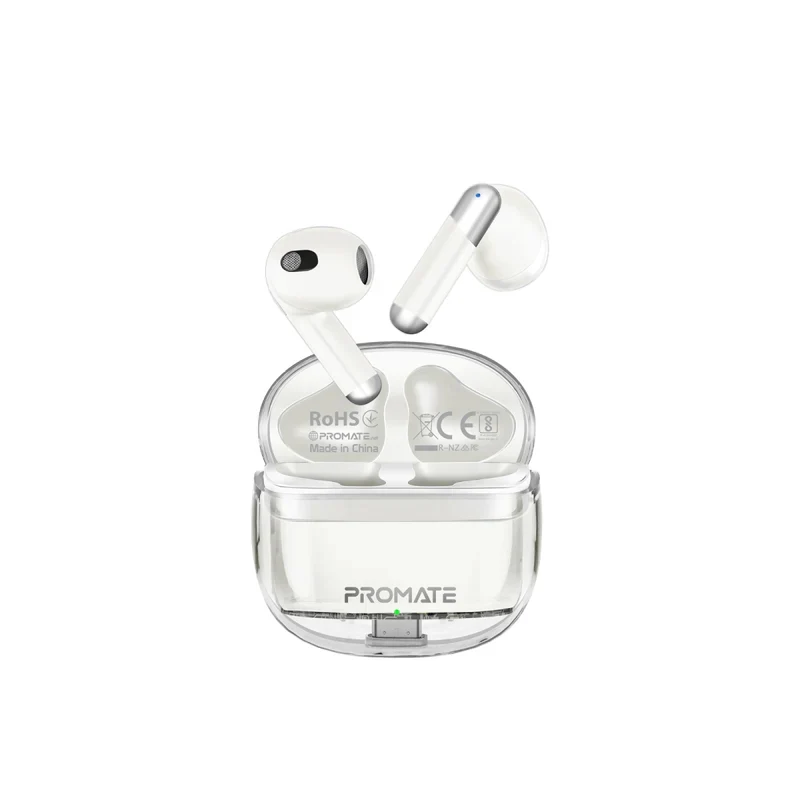 PROMATE TransPods High Definition Transparent TWS Earbuds with IntelliTouch - Bluetooth / 350mAh / White