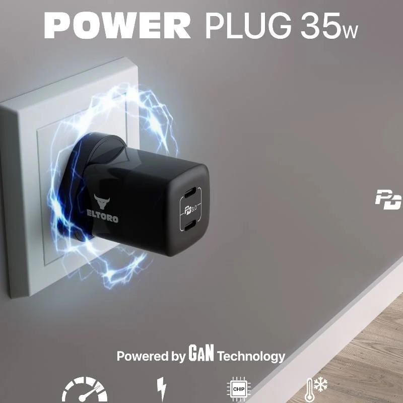 Eltoro Power Plug 35w Home Charger PD 3.0 GaN with 2 Ports 2 USB-C - Black