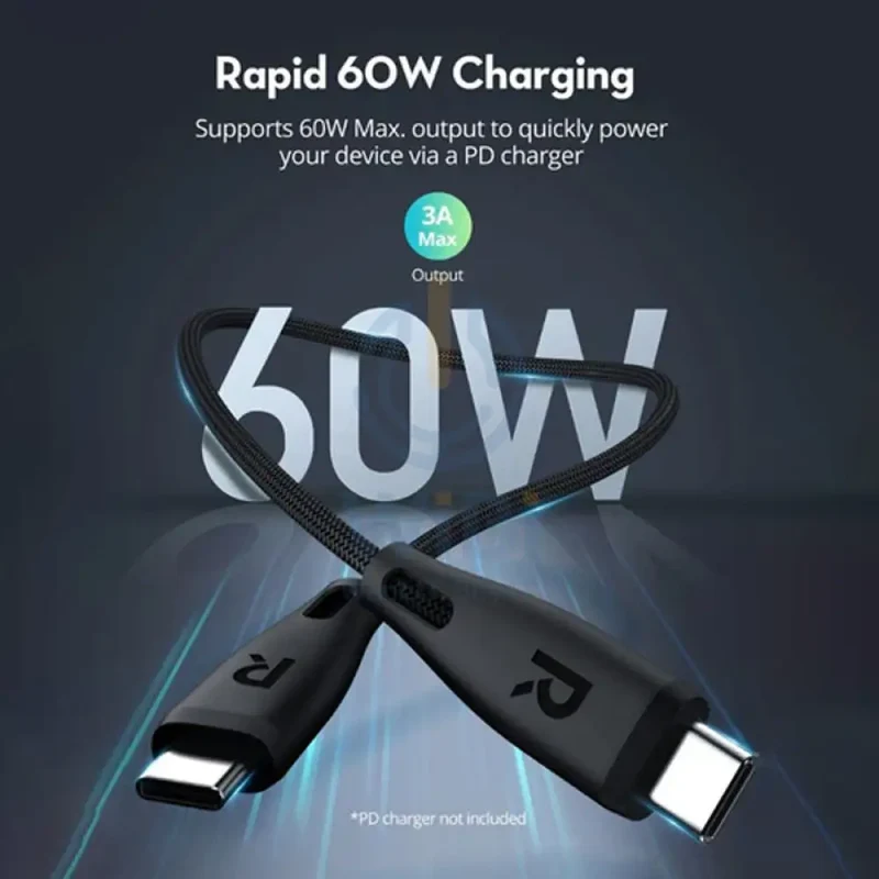 كابل بيانات راف باور RP-CB1037 - طول 1.2 متر / 60 واط / سرعة 480 ميجابت/ثانية / USB-C - أسود