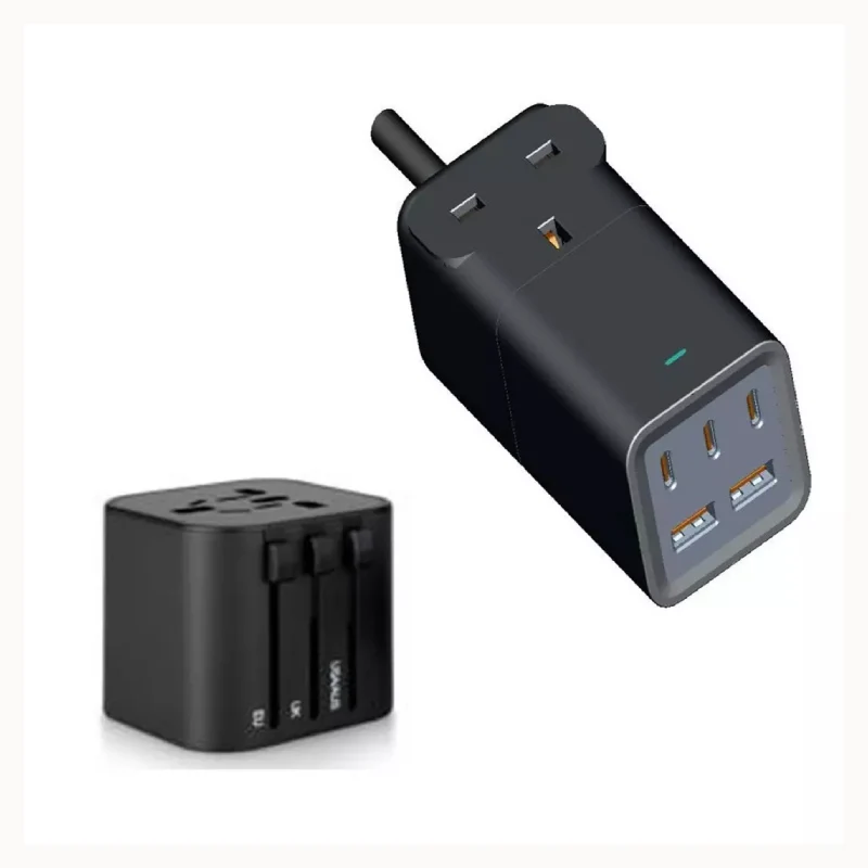 مشترك كهربائي بخمسة منافذ راف باور مع محول شاحن سفر، 75 واط، USB-C، USB-A، أسود