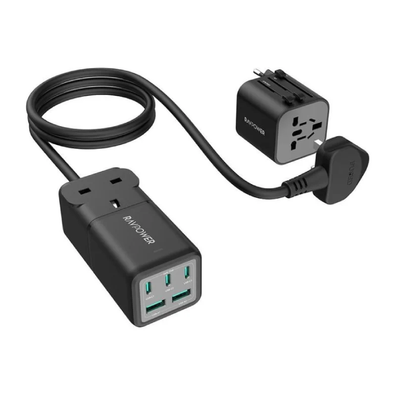 مشترك كهربائي بخمسة منافذ راف باور مع محول شاحن سفر، 75 واط، USB-C، USB-A، أسود