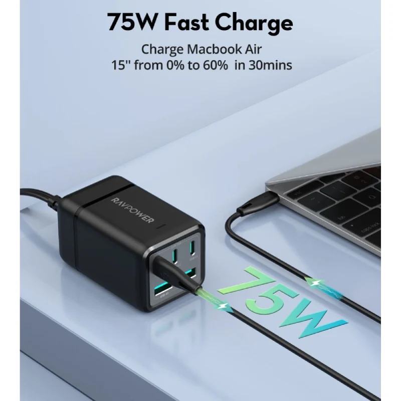 مشترك كهربائي بخمسة منافذ راف باور مع محول شاحن سفر، 75 واط، USB-C، USB-A، أسود